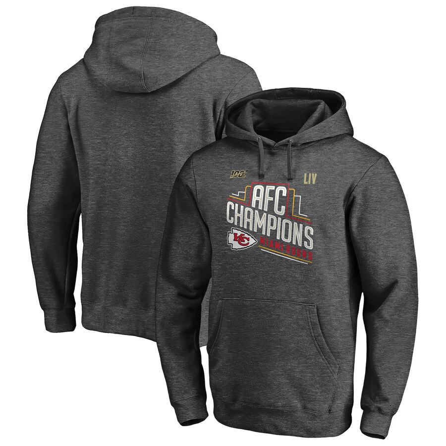 Men Kansas City Chiefs NFL Pro Line by Fanatics Branded 2019 AFC Champions Trophy Collection Locker Room Pullover Hoodie Heather Charcoal->kansas city chiefs->NFL Jersey